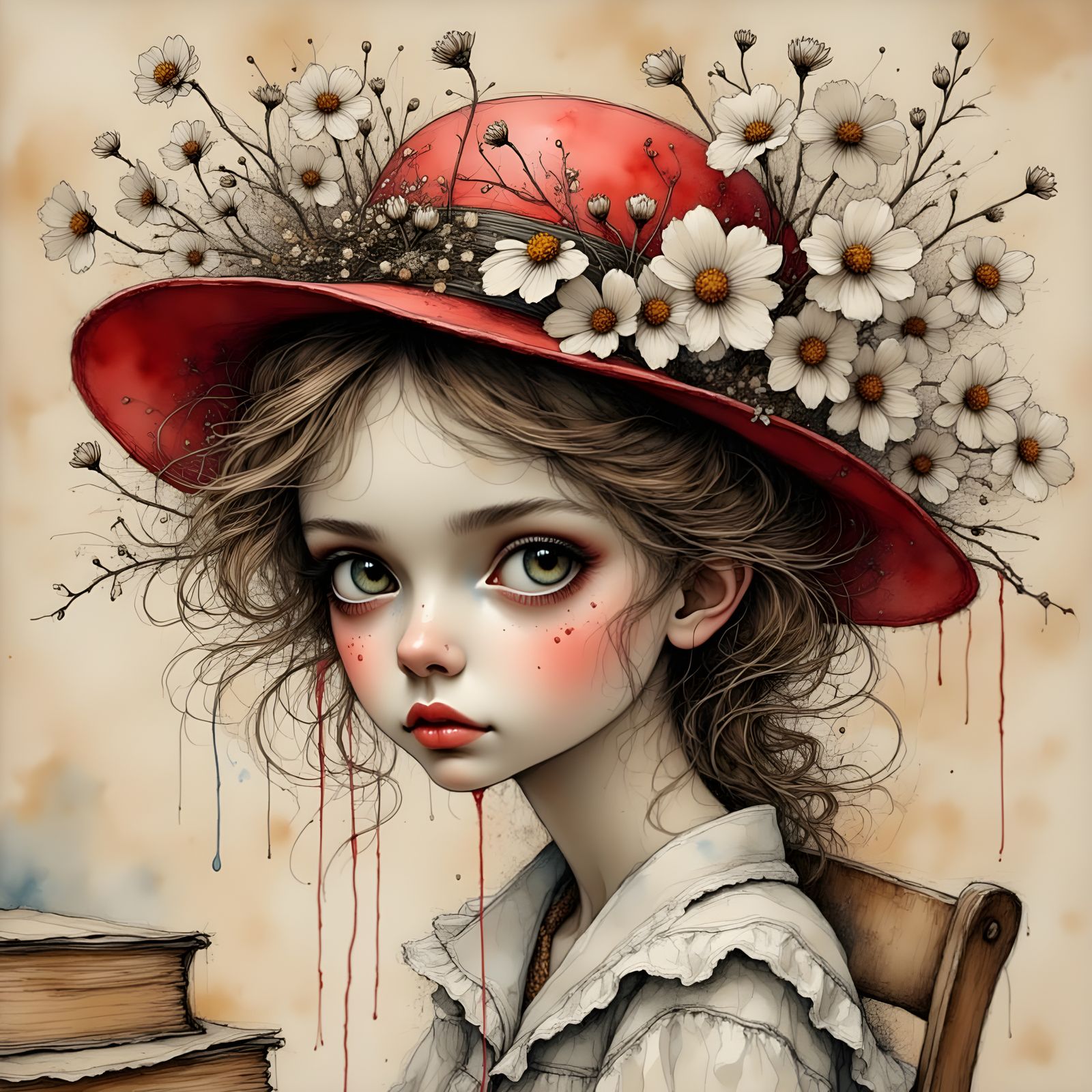 Charcoal Girl in Vintage Red Hat