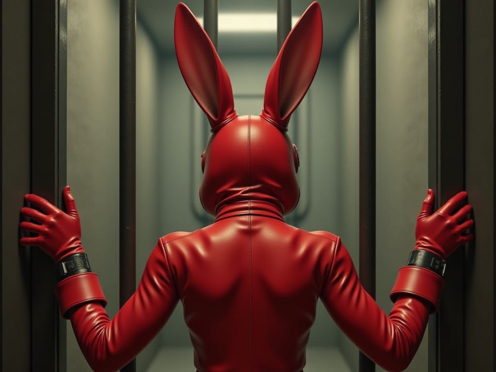 Anthropomorphic Bunny in Red Latex Grabs Jail Bars