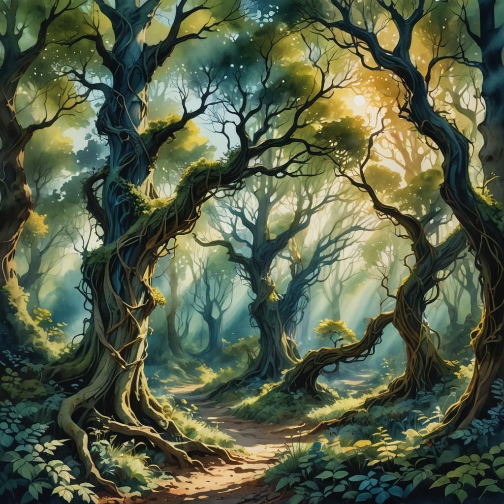 Mystical Forest Landscape in Vibrant, Painterly Watercolors
