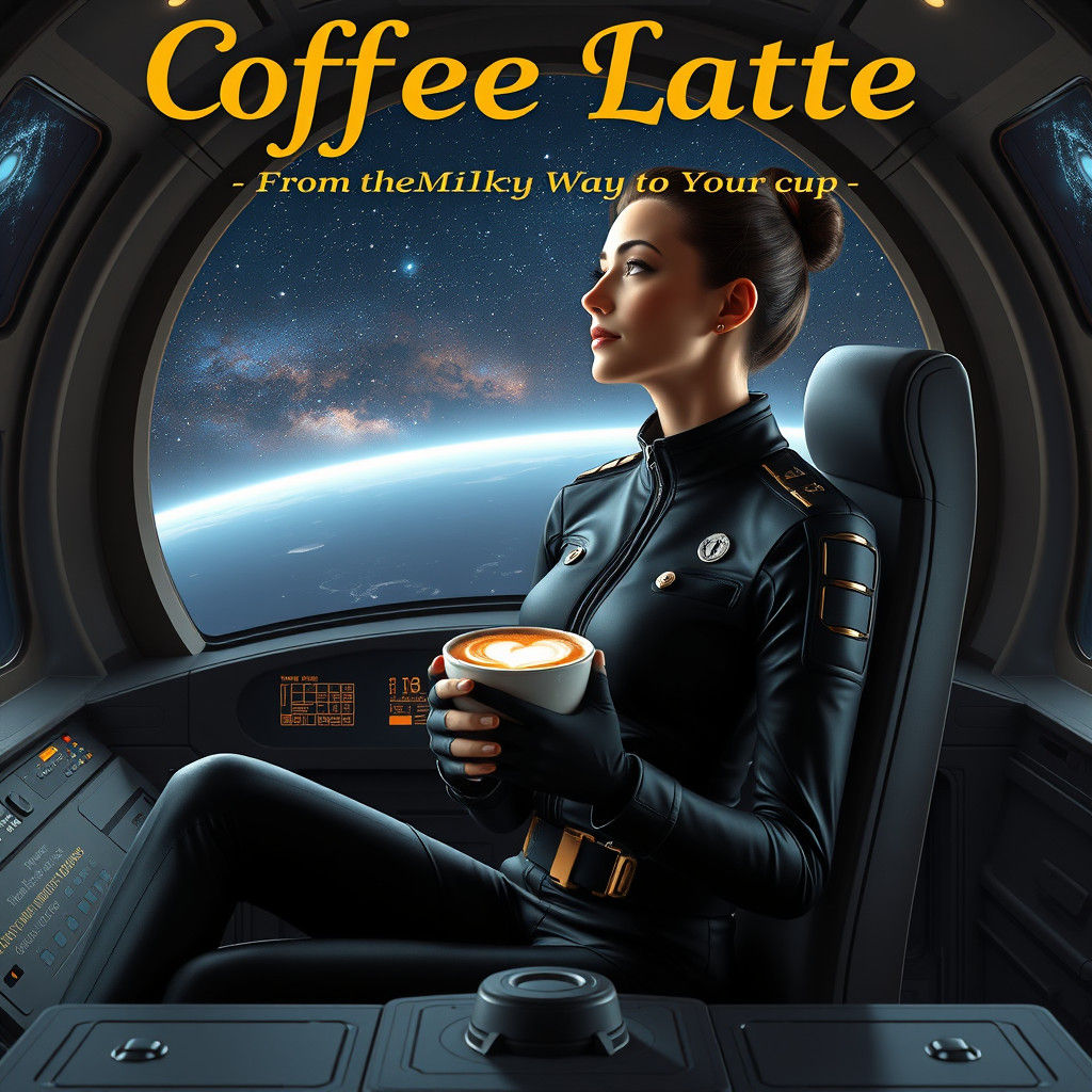 Sleek Space Captain Sips Coffee amidst Starry Expanse