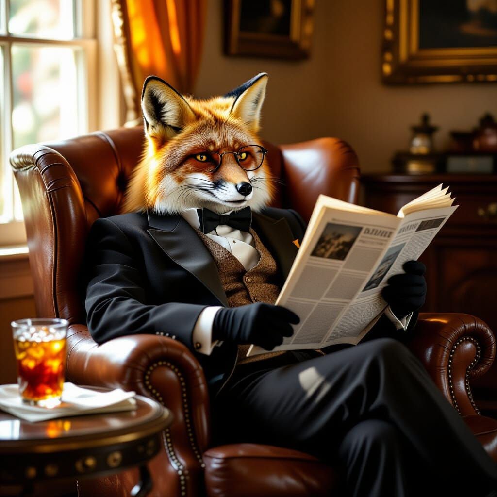 Anthropomorphic Fox Reads Newspaper in Armchair