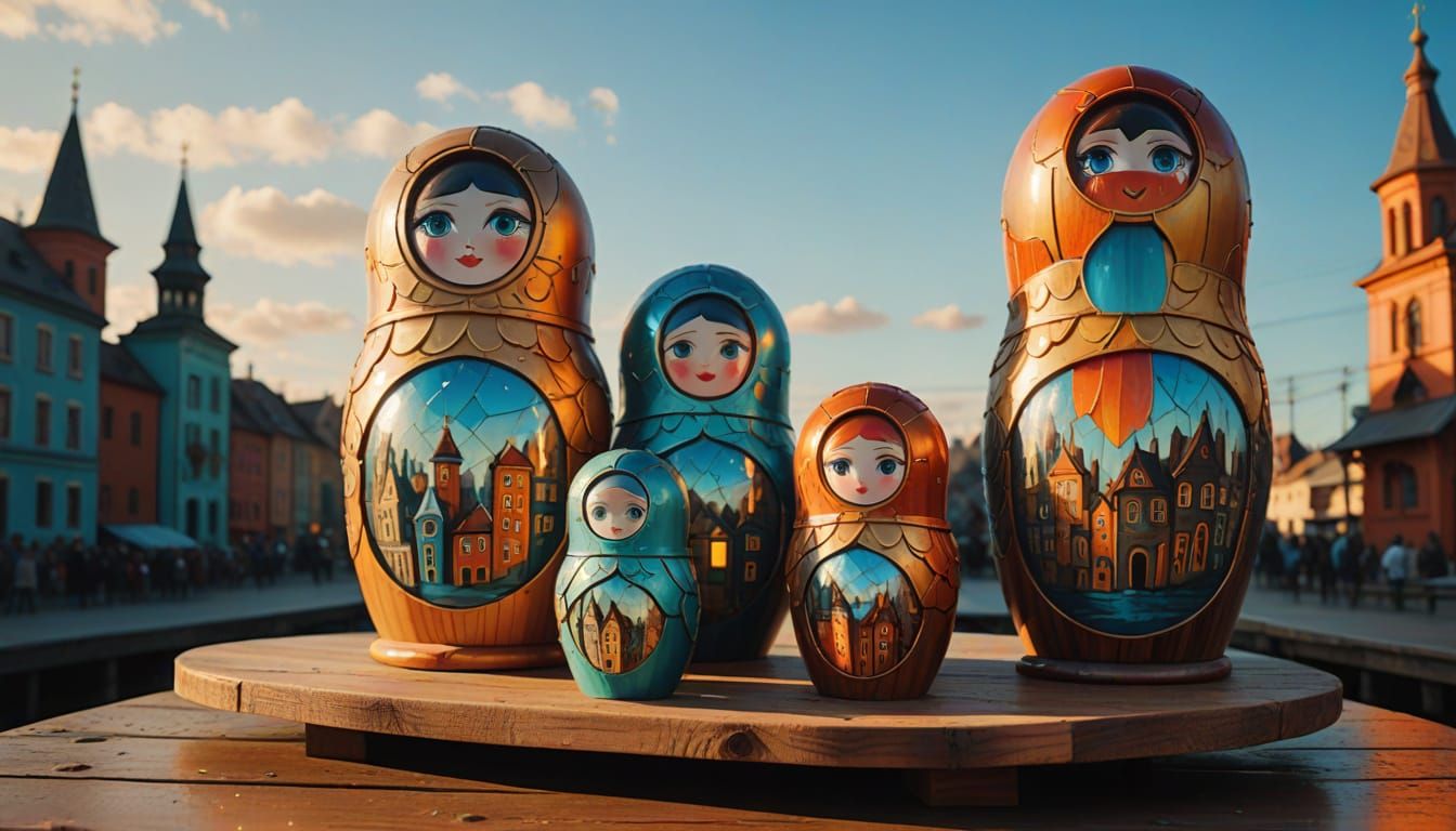 Matryoshka Doll Buildings on Floating Platform in Fauvist St...