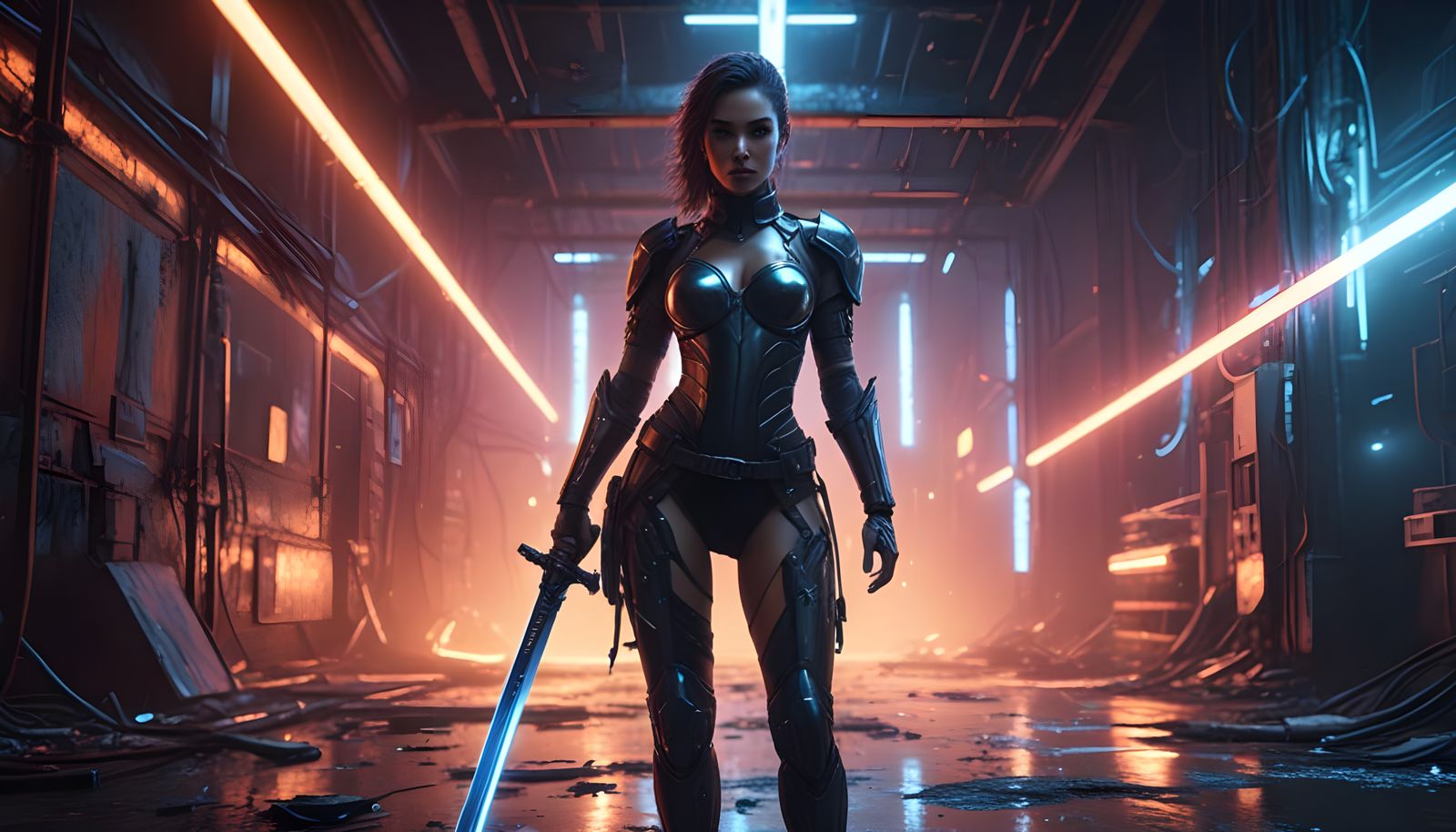 Girl Warrior in Abandoned Industrial Ruins