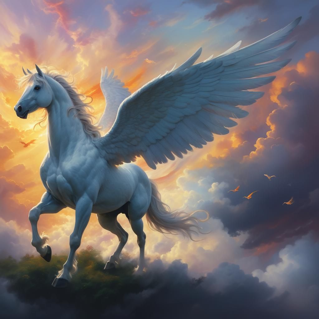 Mythical Pegasus in Flight, in a Soft Oil Painting Style