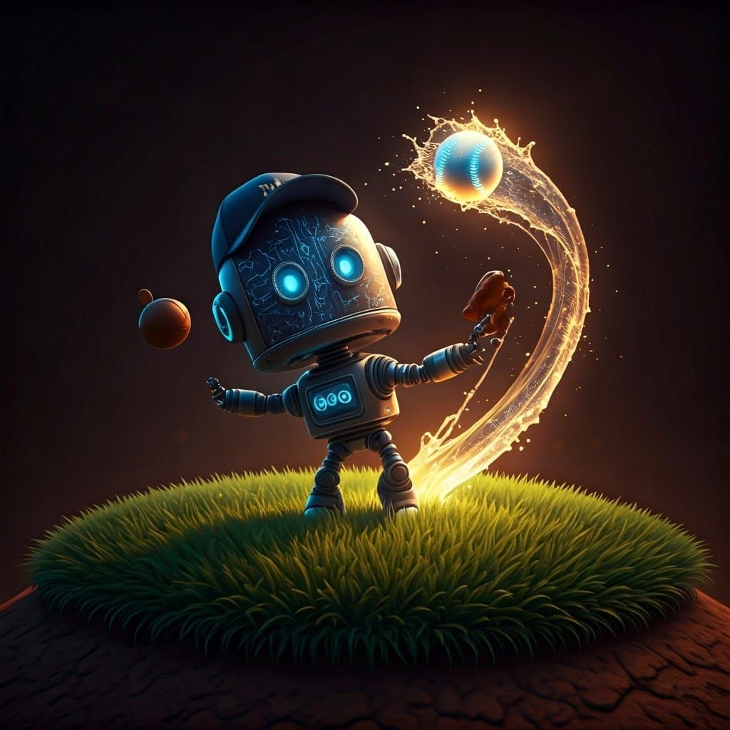 Dreamlike Robot Baseball Star in a Futuristic Landscape