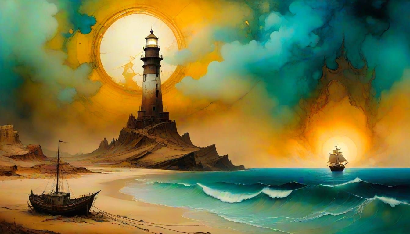 Surreal Desert Lighthouse with Abandoned Ship