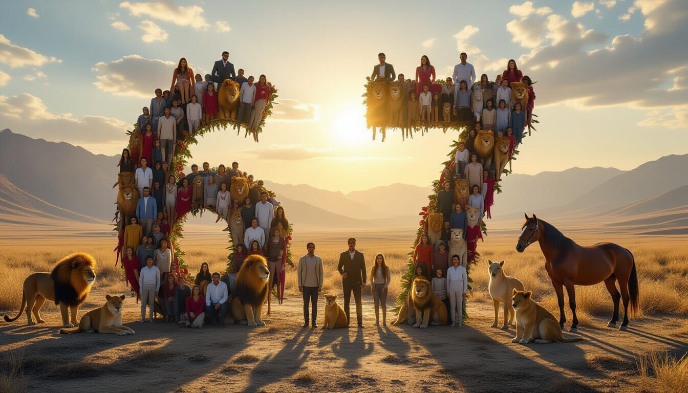 Aerial View: People and Animals Form Numbers 6 and 7