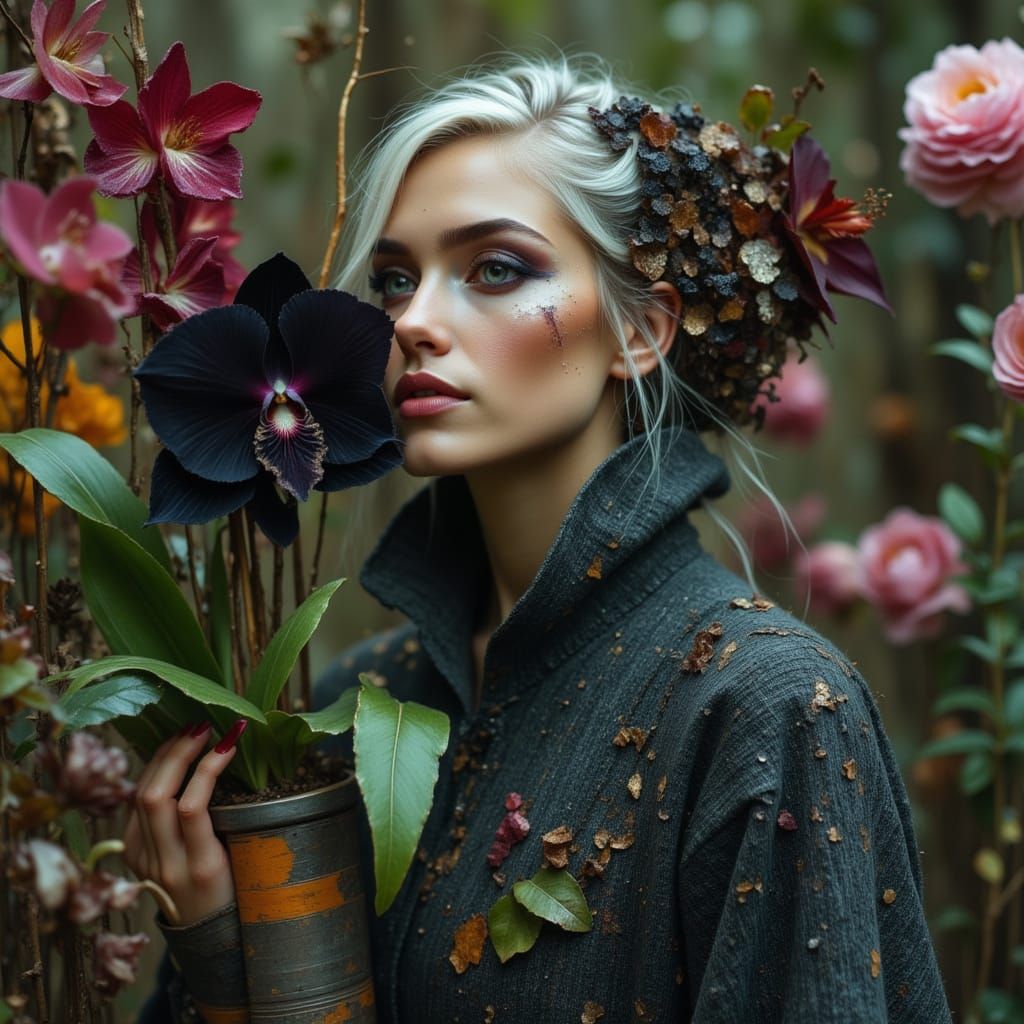 Woman with Orchid in Ash Thorp Style