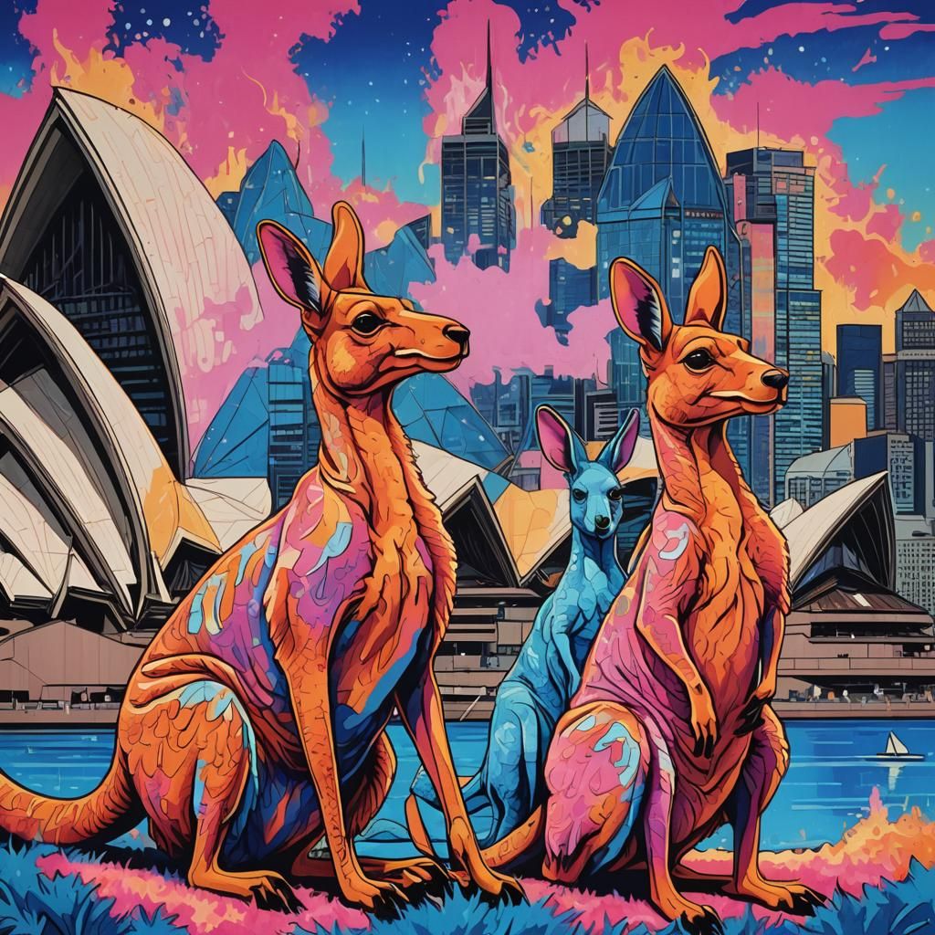 Bold Pop Art Kangaroo Family Soars in Vibrant Sydney Sky