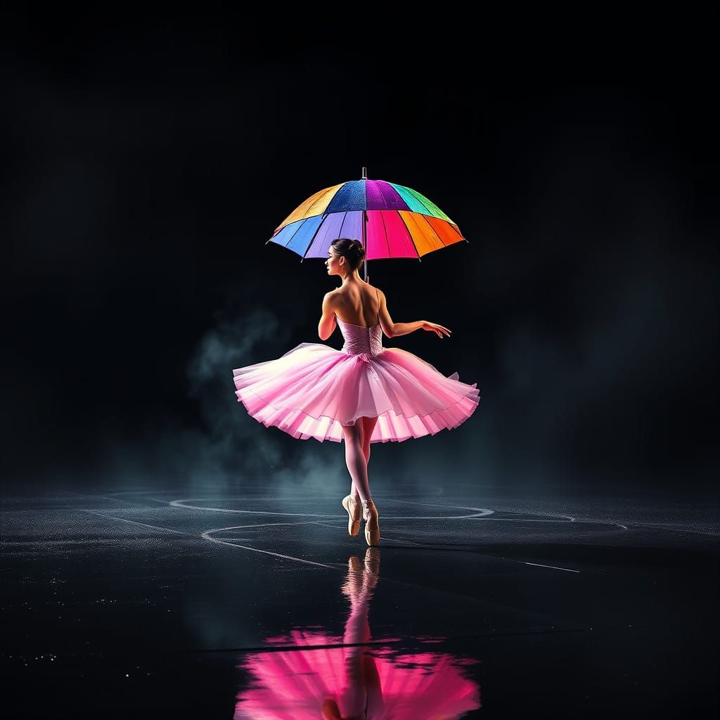 Ballerina Under Rainbow Coloured Umbrella in Dark Black Back...