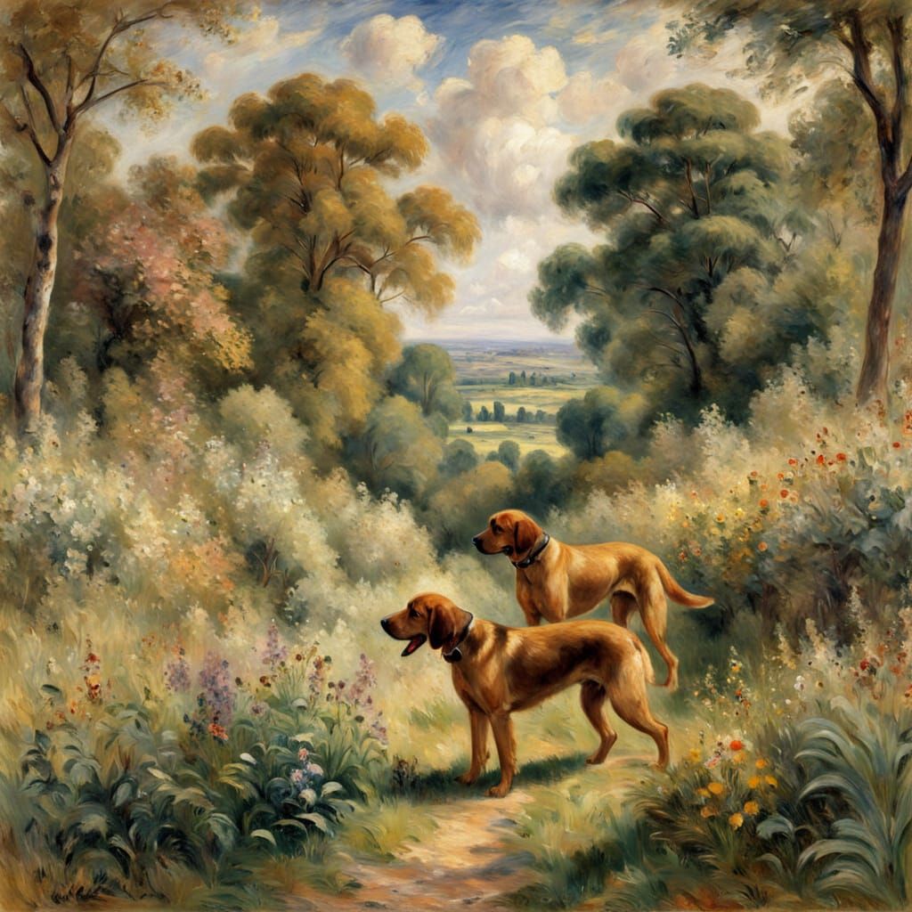 Lush British Countryside Scene with Bloodhounds