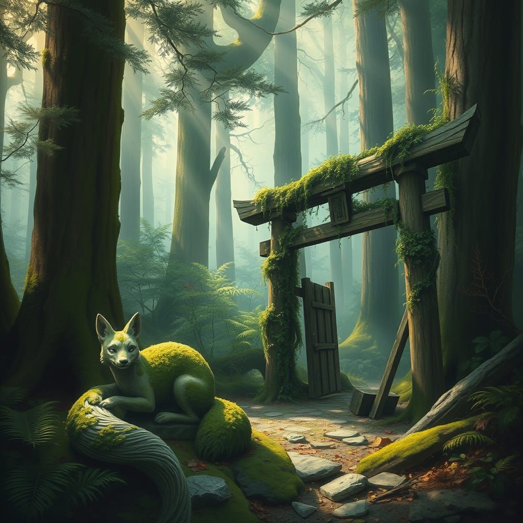 Mystical Forest Shrine with Mossy Fox Statue