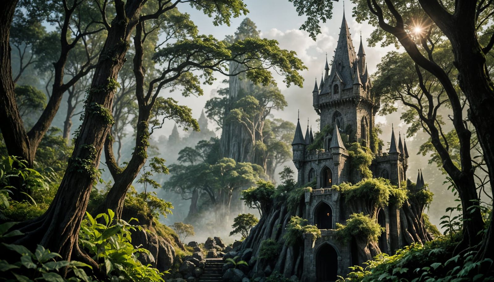 Ethereal Elven Wizard Tower Amidst Dark Forest Canopy