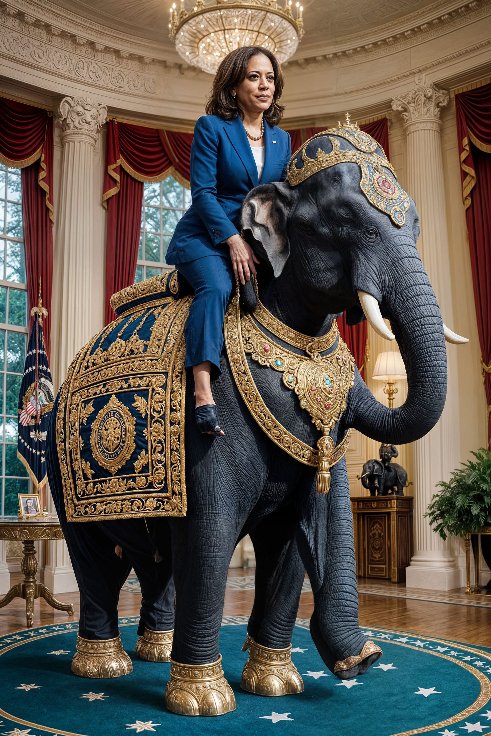 Kamala Harris on a spectacularly decked royal elephant at th...