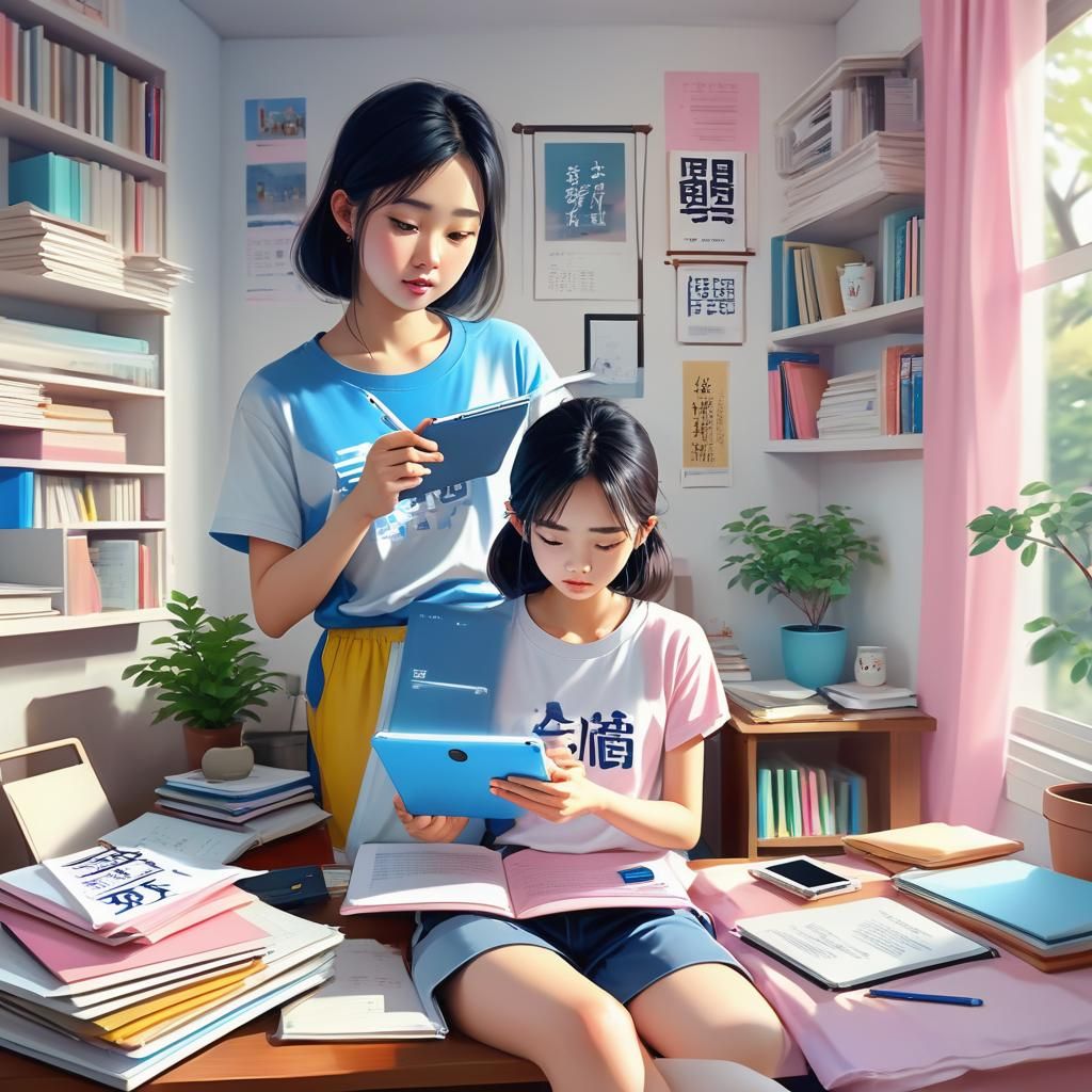 Asian Woman Writes in Cozy Study with Books and Trees