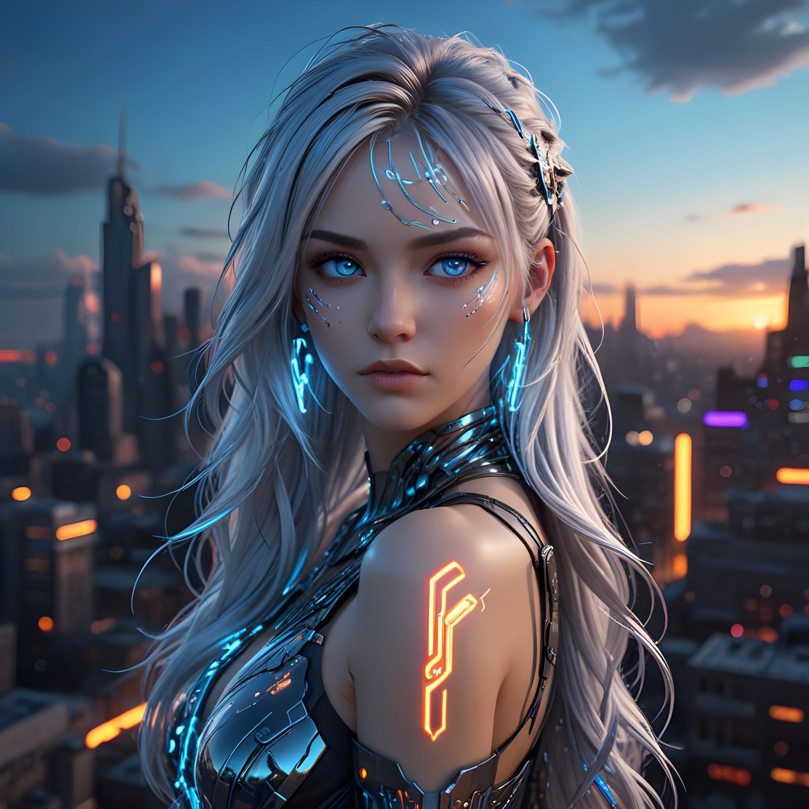 Anime Goddess in Neon Cityscape