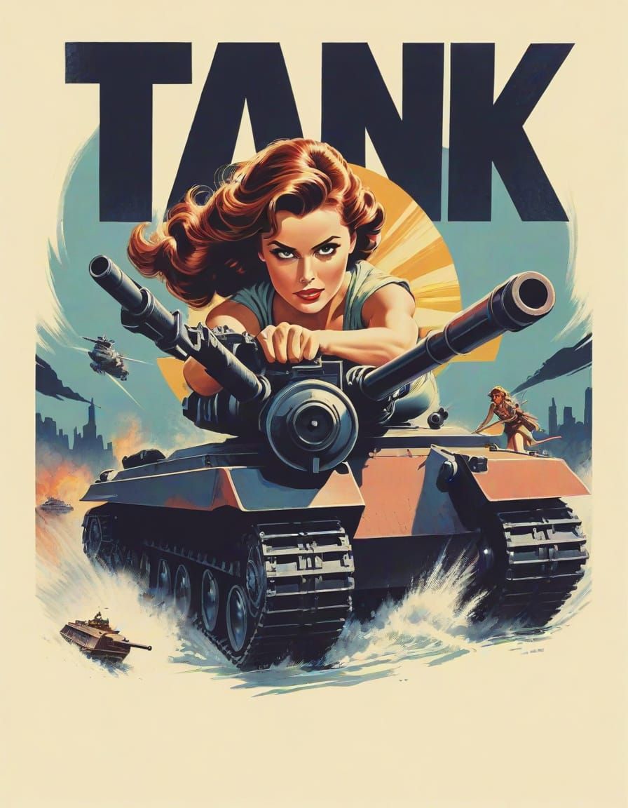 Retro Action Heroine in Tank, Whimsical Blockbuster Style