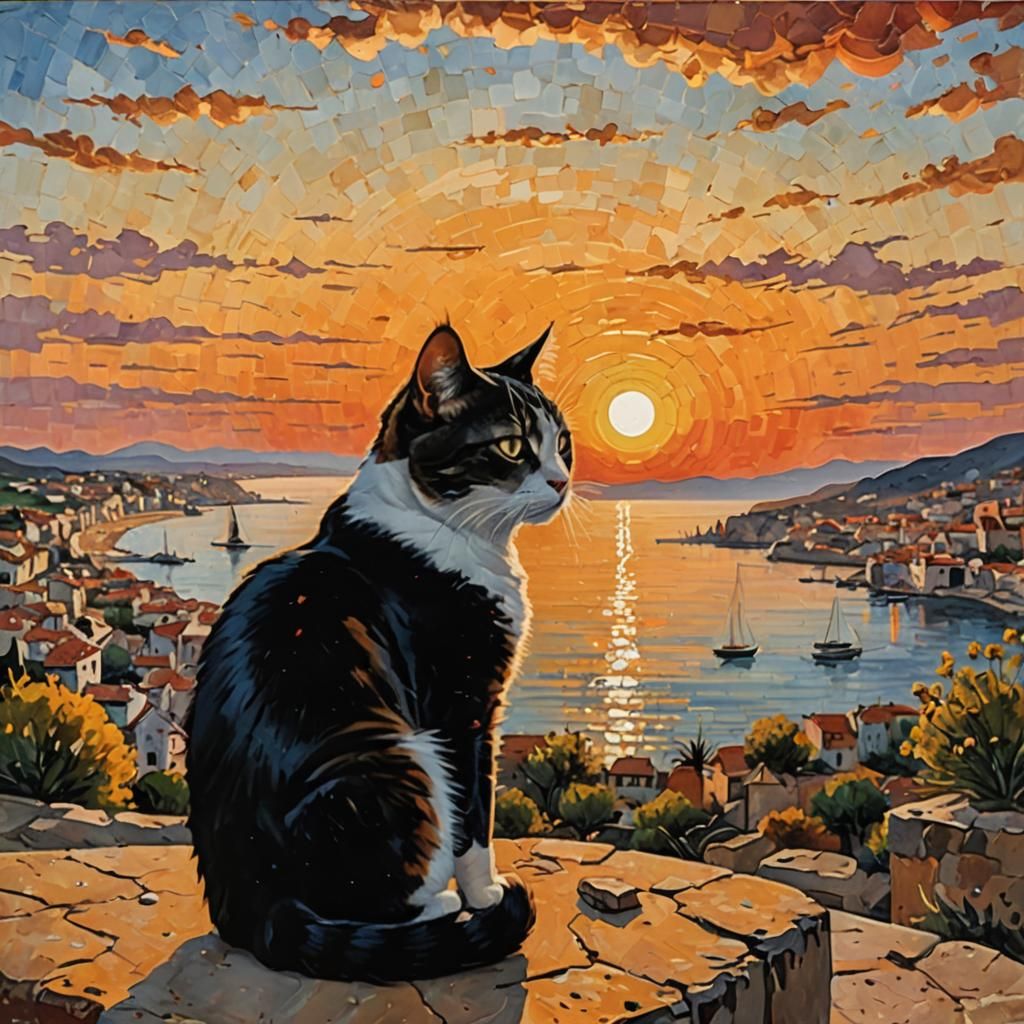 Surreal Cat Seeks Harmony in Sunset