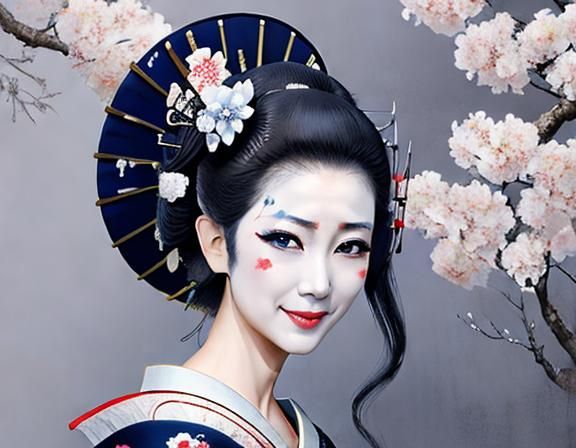 Mature Geisha in Traditional Attire Poses in Ancient Setting