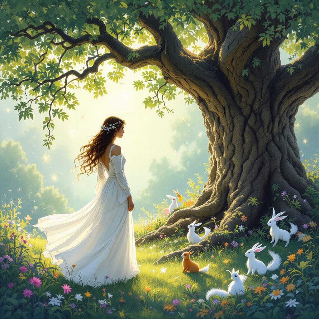 Magical Garden with Joyful Creatures and Ancient Tree