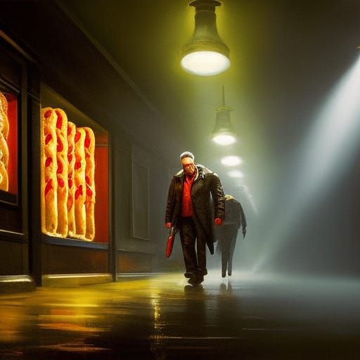 Surreal Hot Dog Lands in a Dramatic Hallway Scene