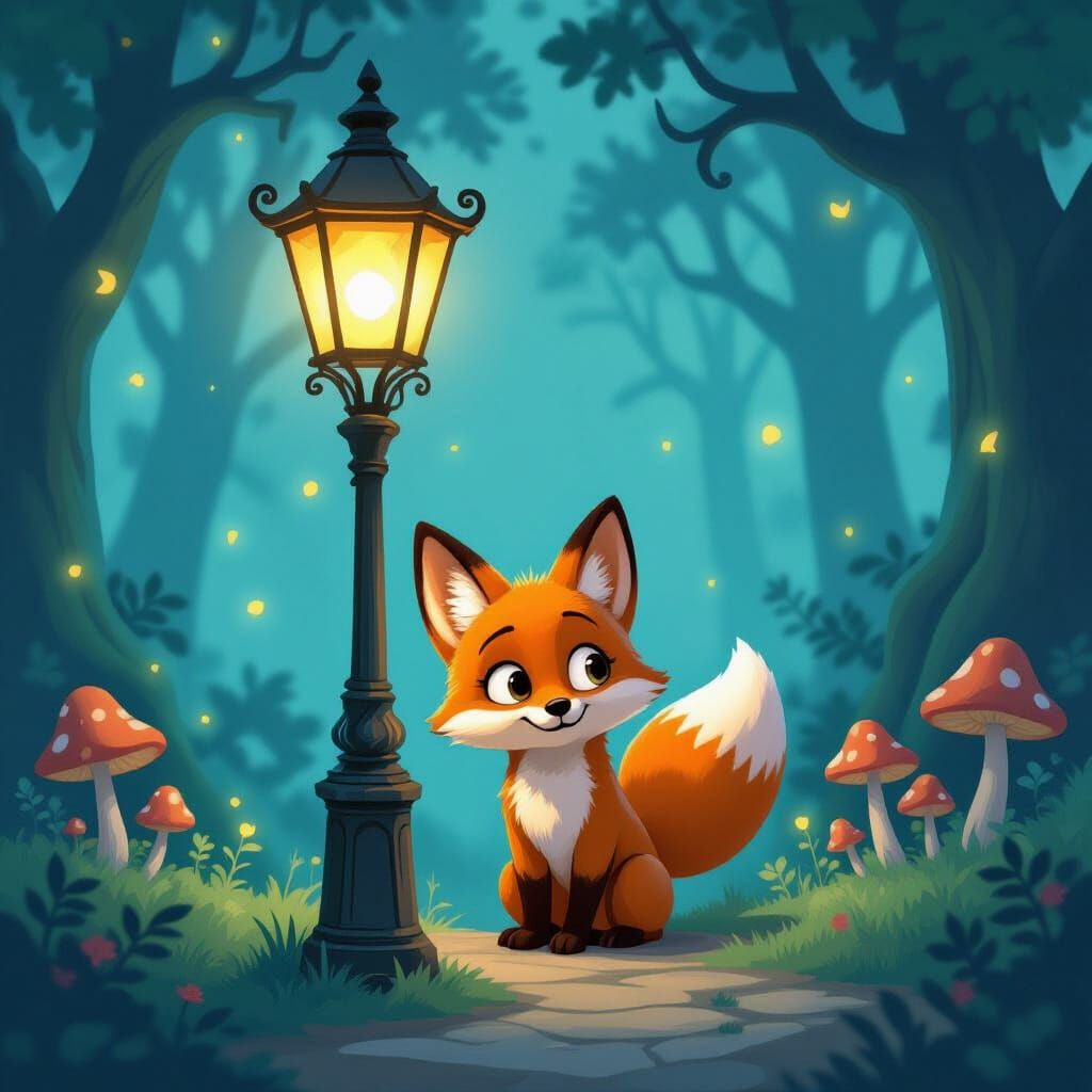 Anthropomorphic Fox Peering From Ornate Street Lamp in Encha...