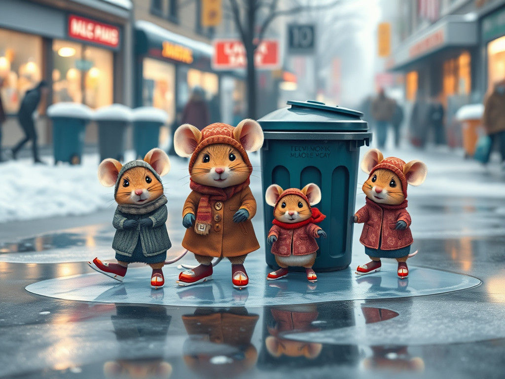 Surreal Winter Wonderland Scene of Mice Skating Behind Garba...