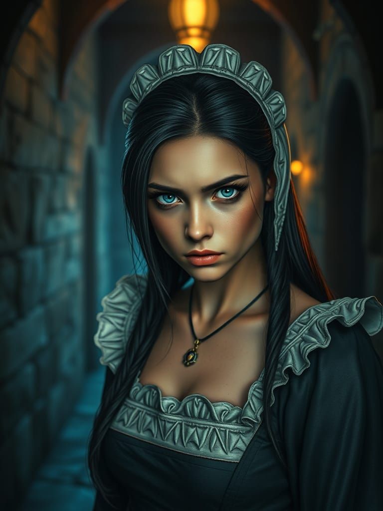 Medieval Maiden Unleashes Fury in Dark Castle Hallway