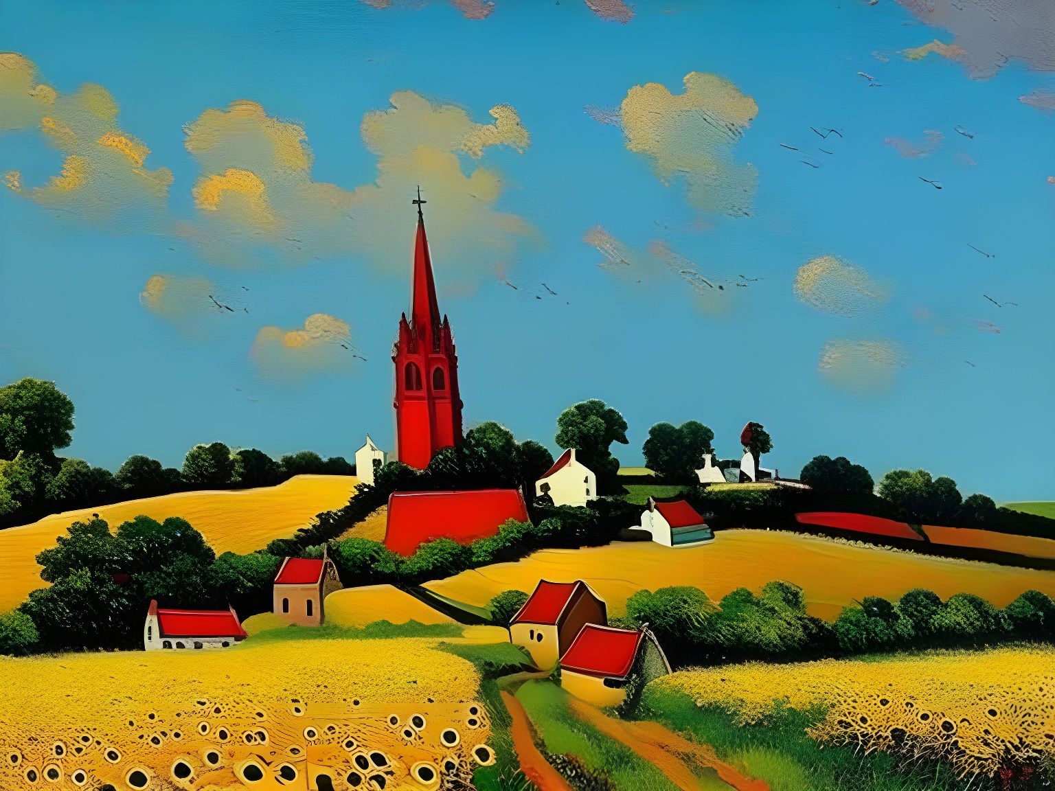 Picturesque Village Scene with Sunflowers in Impressionist S...