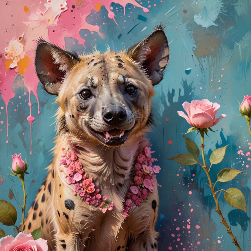 Happy Hyena in Pink Roses: Impressionist Painting