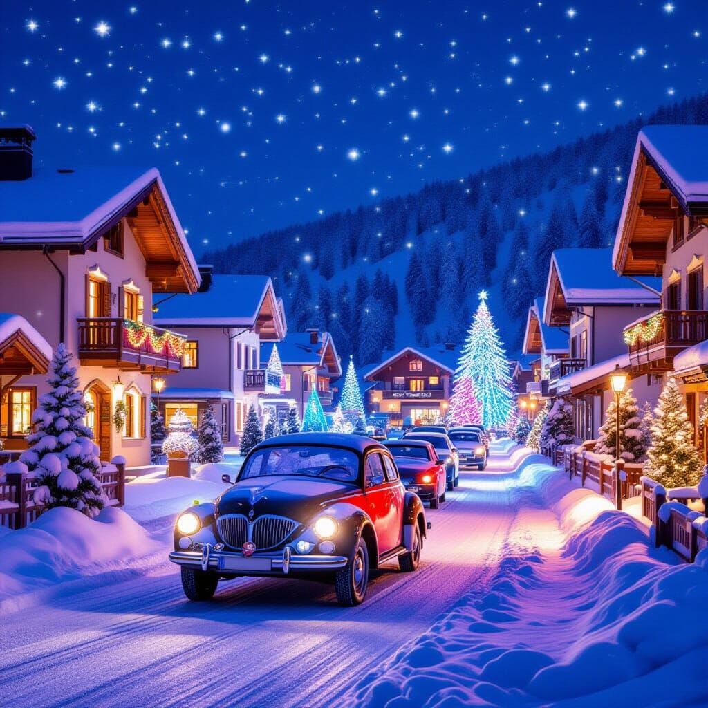 Cozy Christmas Village with Treehouses and Colorful Lights