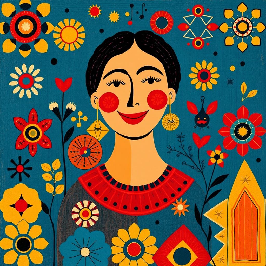 Whimsical Folk Art Scene with Colorful Geometric Patterns an...