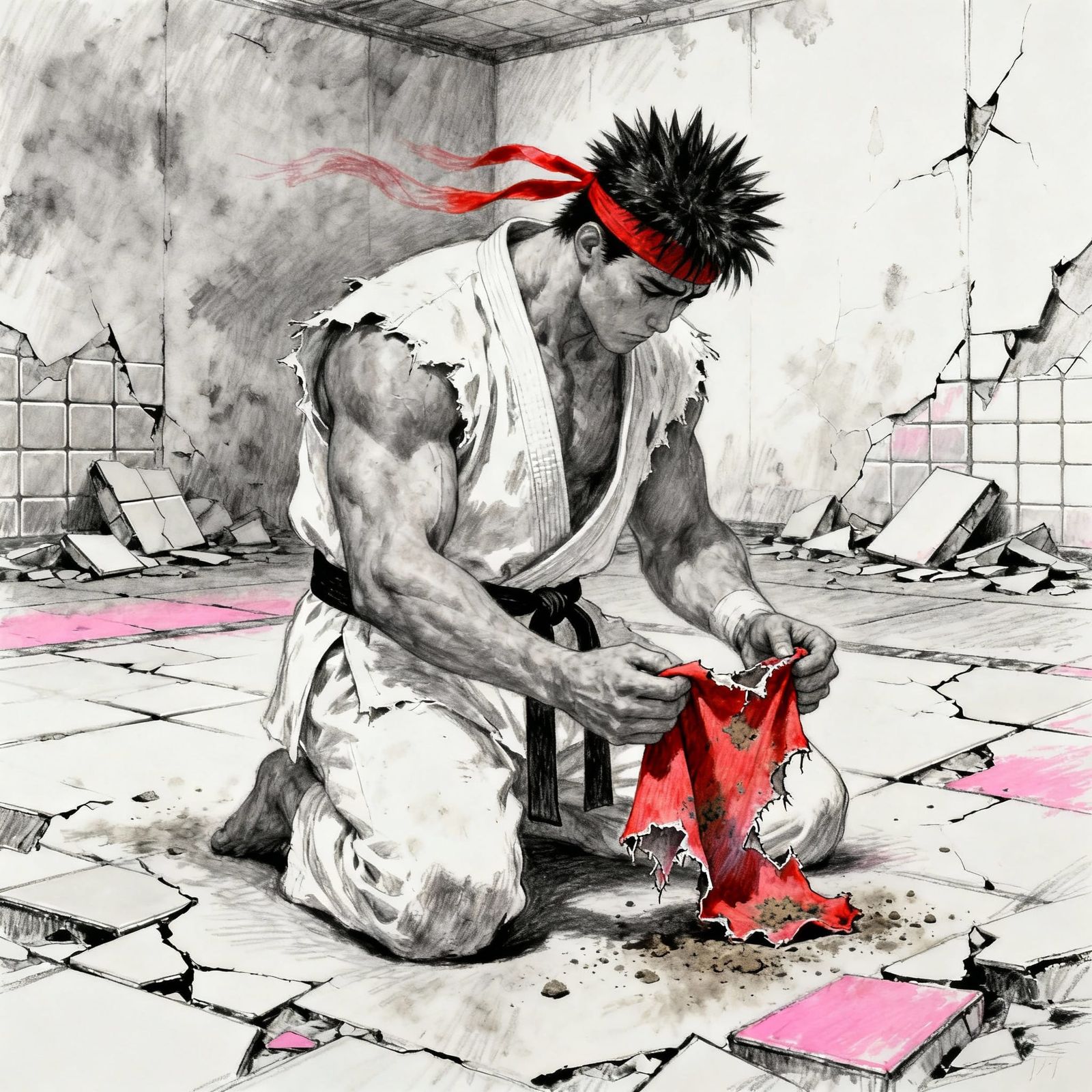 Ryu Mourns Ken in Ruined Dojo Charcoal Painting