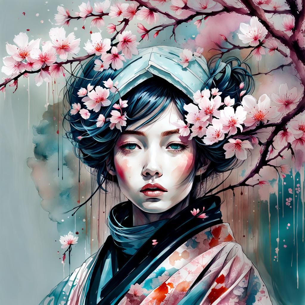 Double Exposure Digital Girl Blurs with Temple and Sakura Bl...