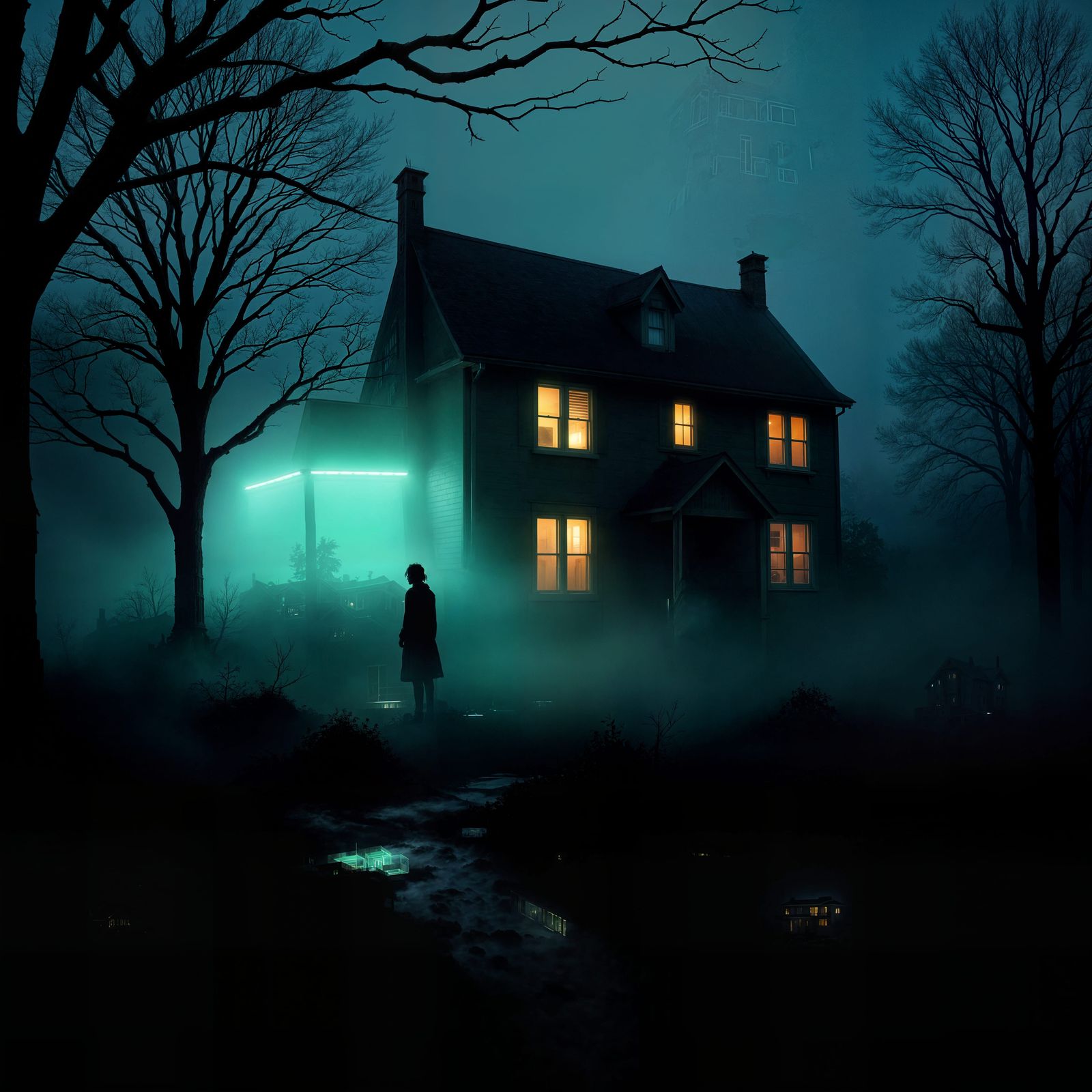Foggy Night Home with Neon Lights and Bare Trees