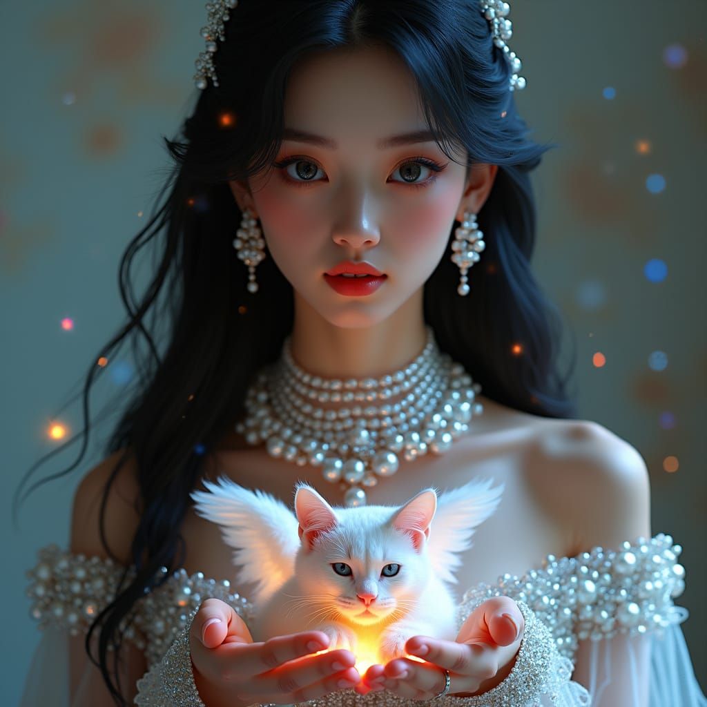 Glamorous Futuristic Goddess with Pearls and Angelic Wings