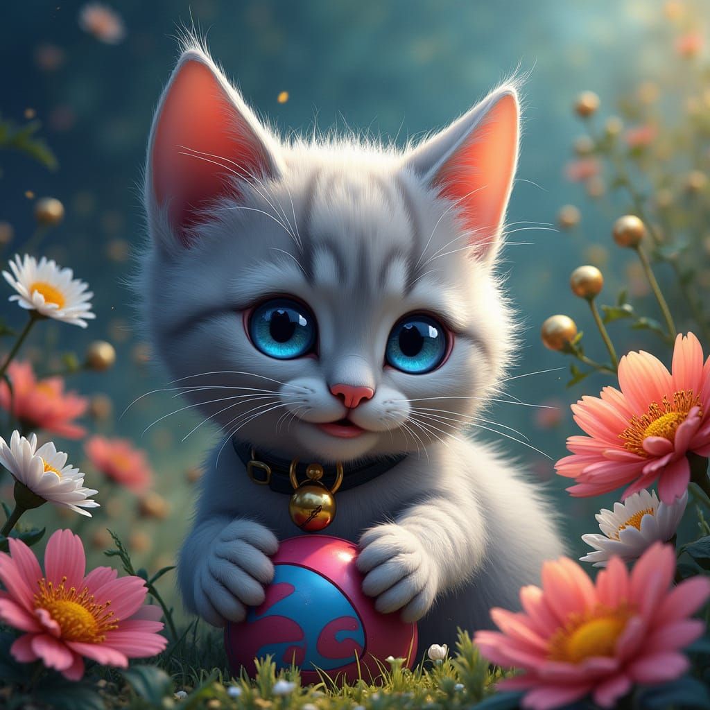 Blue-Eyed Cat in a Flower Garden, Hyperrealistic Art