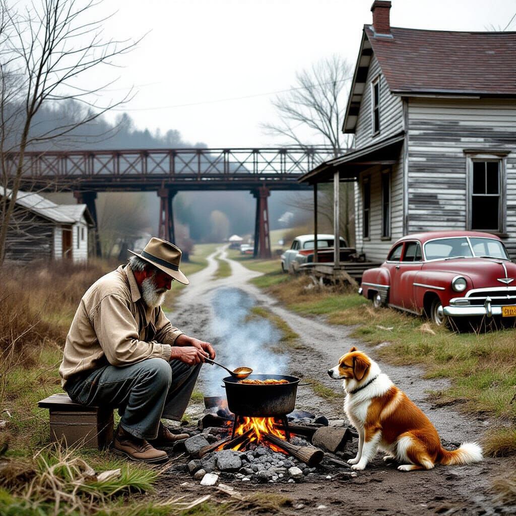 Poverty-Stricken Man Cooking in West Virginia Holler