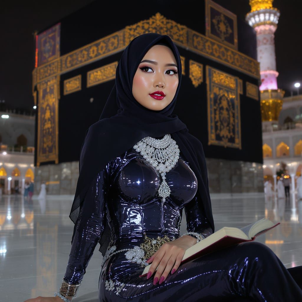 Woman in Hijab with Pearl Adornments at the Ka'ba