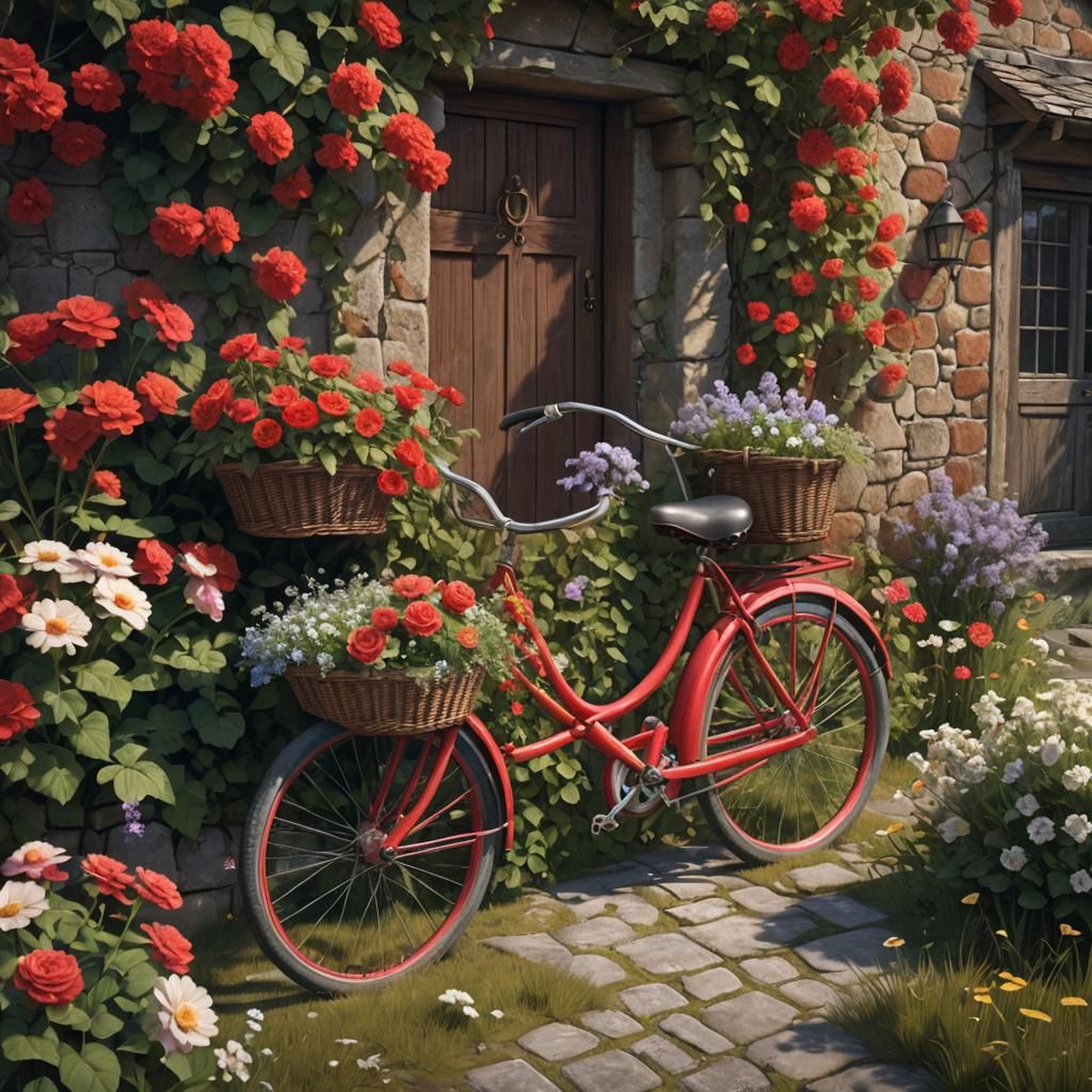Magical Cottage Scene with Vintage Bicycle