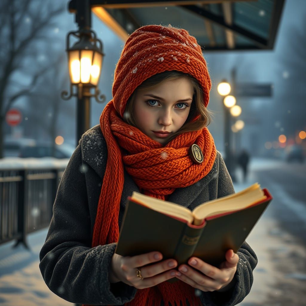 Snowy Dutch Girl Reads Book at Bus Stop