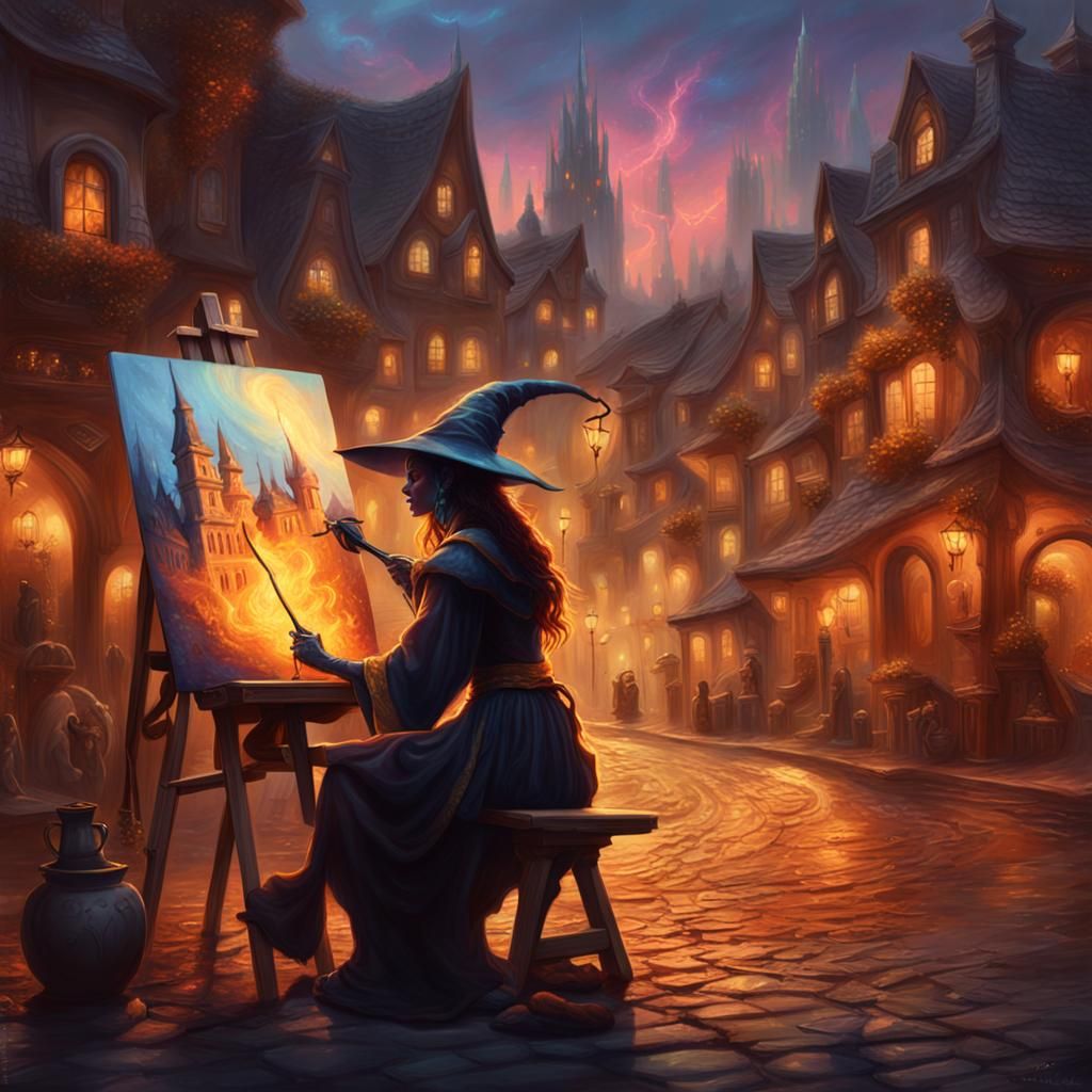 Tiefling Witch Captivating Cityscape in Impressive Fantasy A...