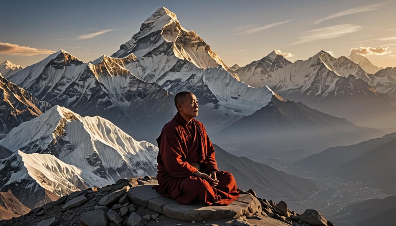 A Buddhist monk meditating high on a windswept ridge looking...