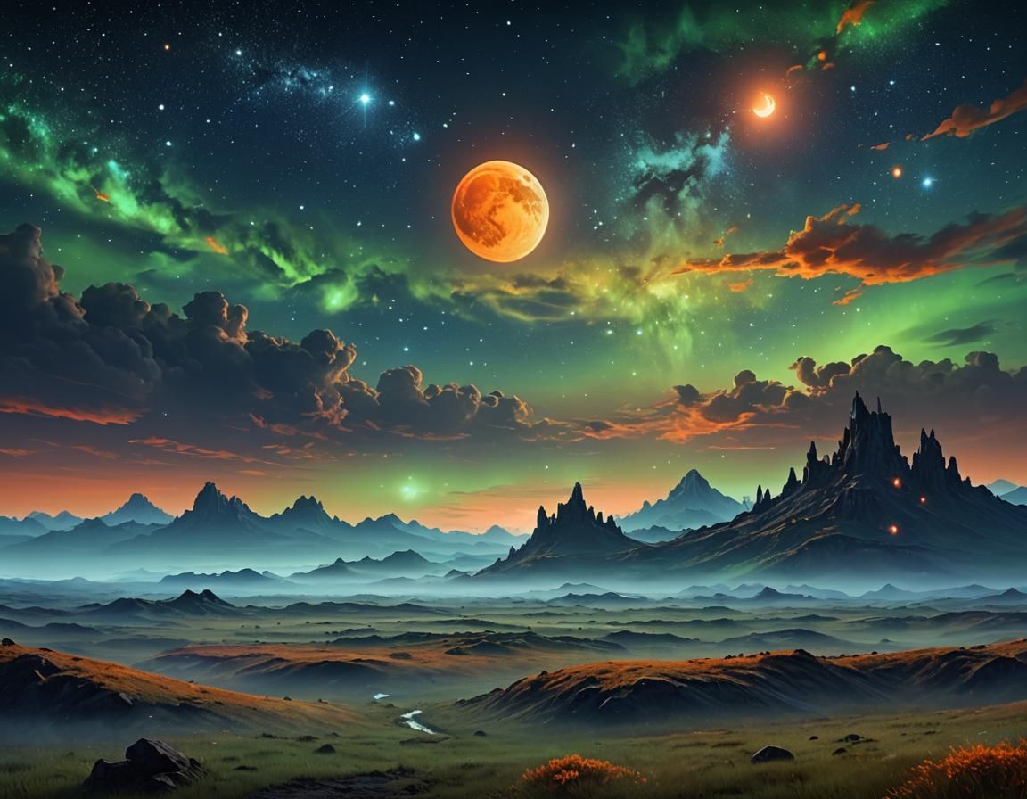 Majestic Twin Moons Over a Glowing Alien Plain