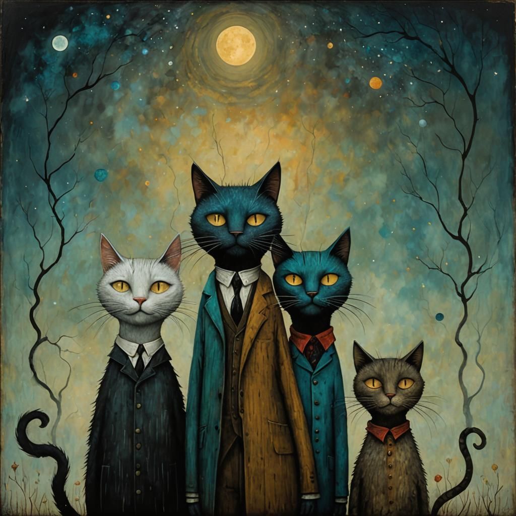 Eccentric Feline Trio in Dali-Inspired Surrealism