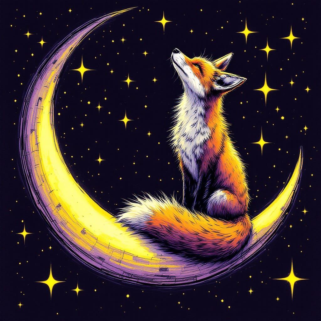 Fox on Crescent Moon Under Starry Sky in Vintage Ink Style
