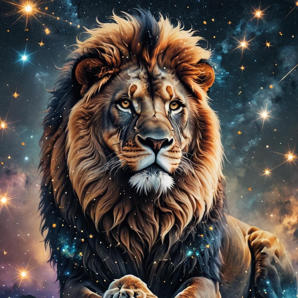 Regal Cosmic Lion Against Starry Night Sky
