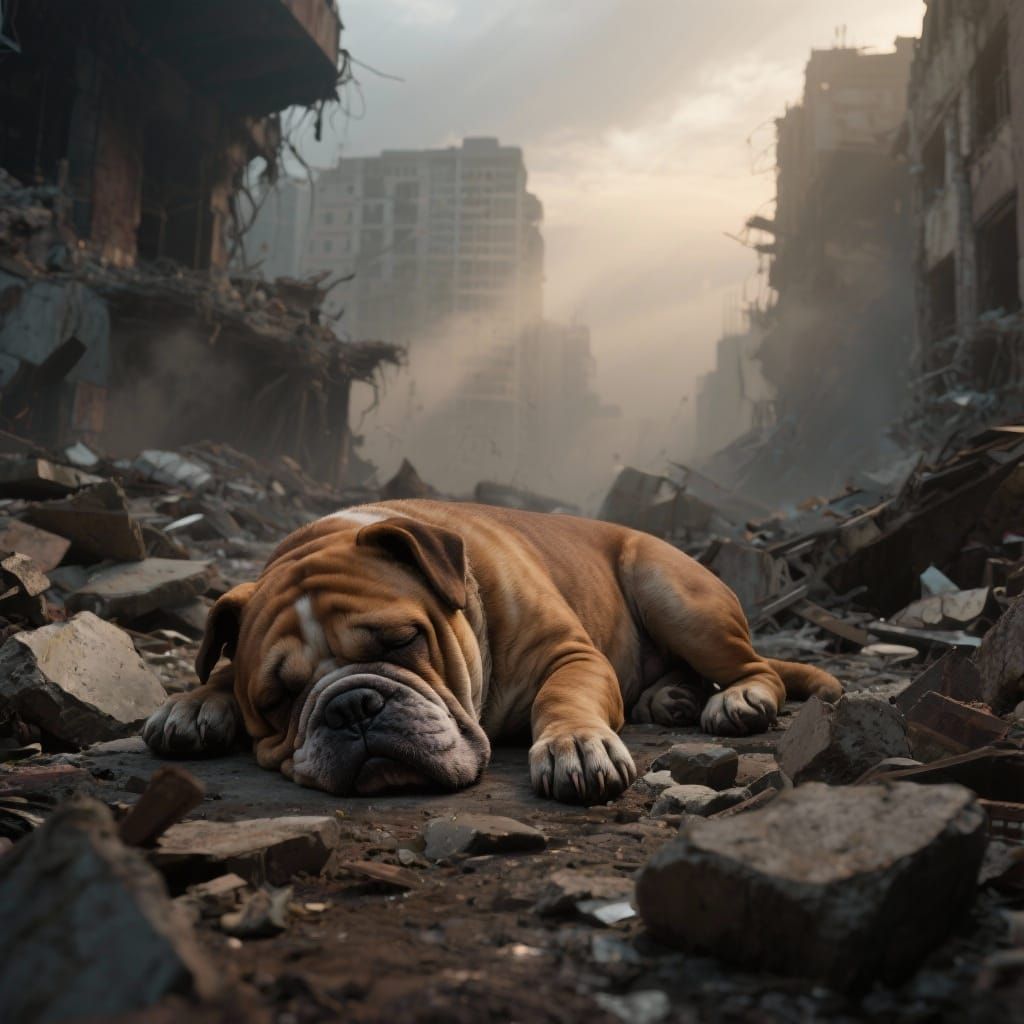 Brown Bulldog Rests in Ruined Cityscape
