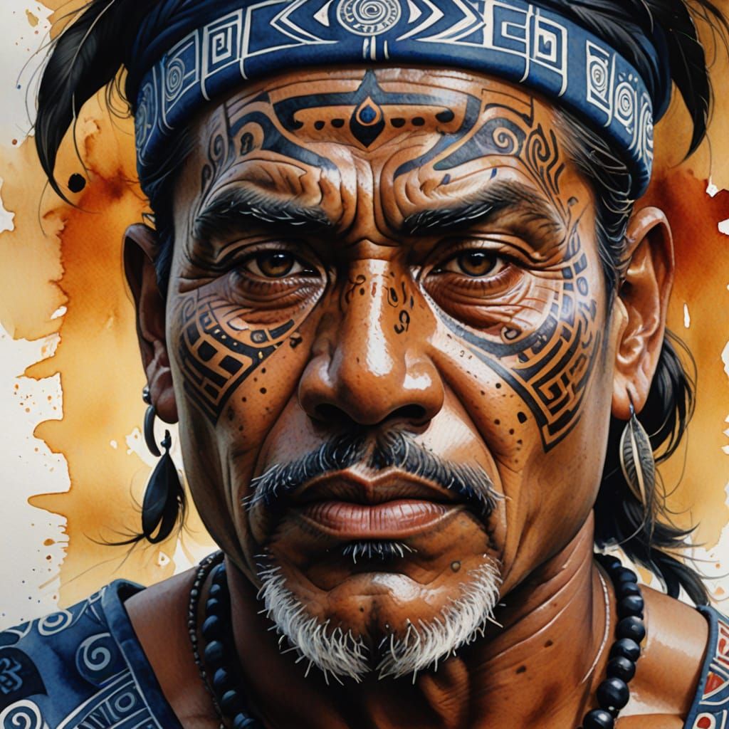 Maori Man Portrait Watercolor with Intricate Moko