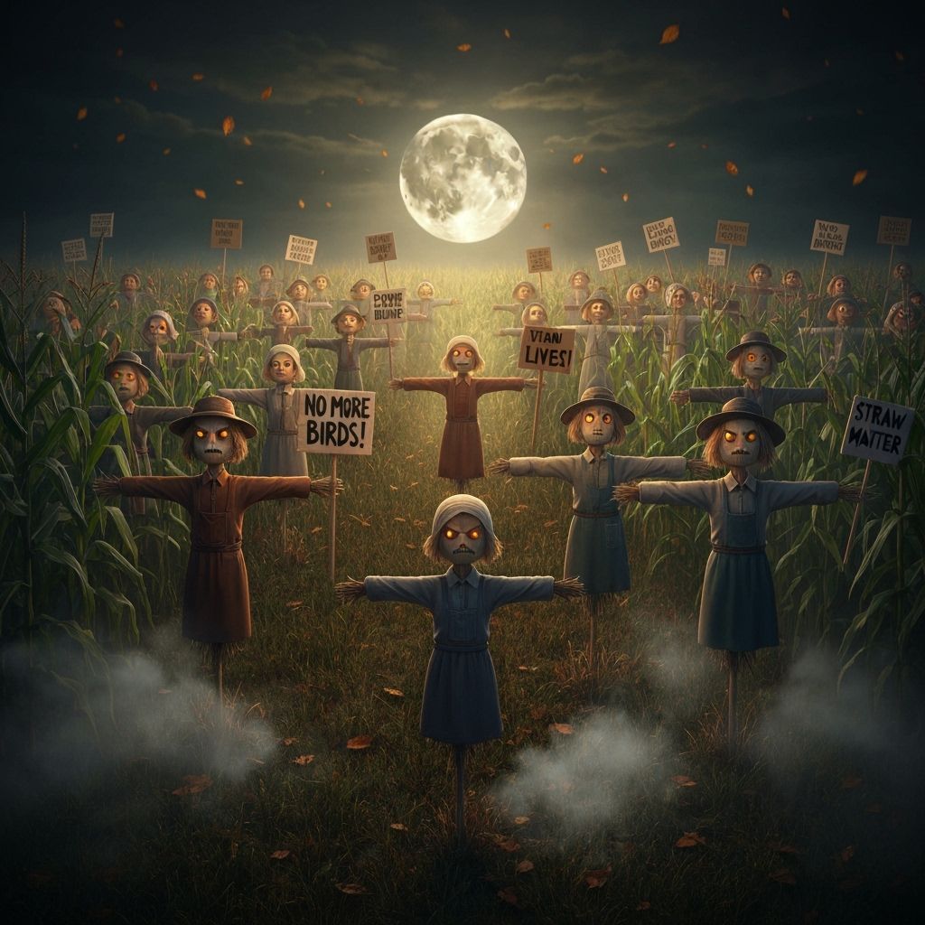 Scarecrow Protest in Moonlit Cornfield
